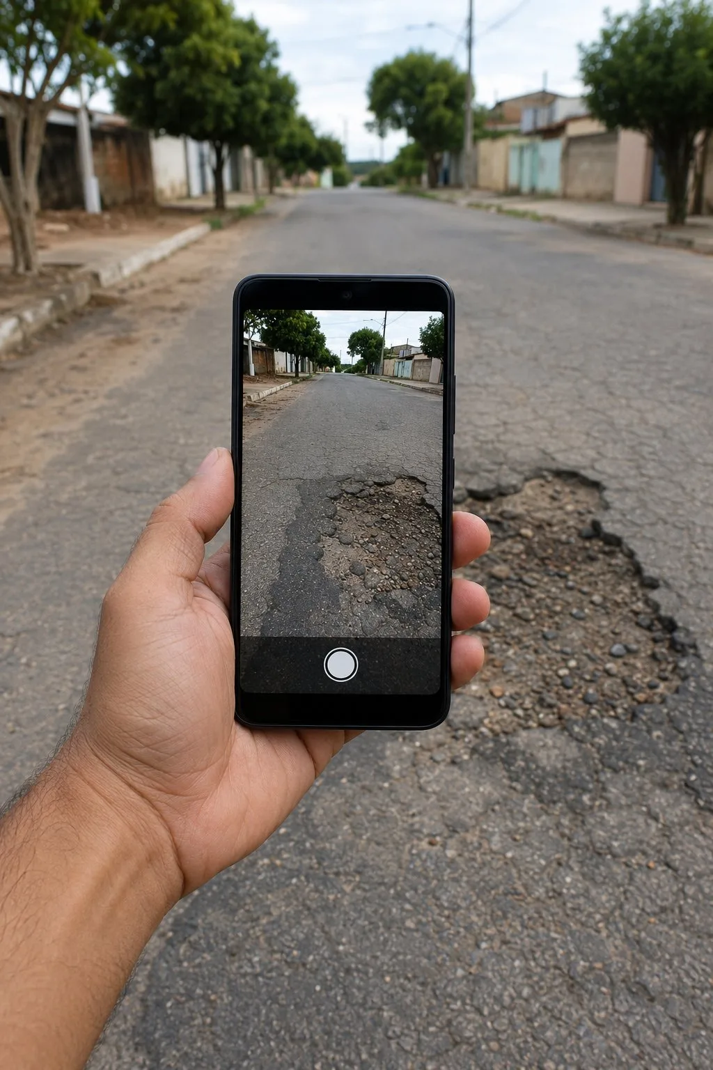 Pessoa fotografando um buraco na via com o celular para abrir um chamado no app do cidadão